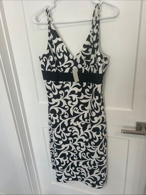 Ann Taylor Black & White Printed V-Neck Dress Size 8 NWT